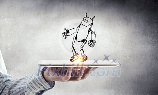 Human hand holding in palm robot sketched model on tablet Human hand holding in palm robot sketched model on tablet