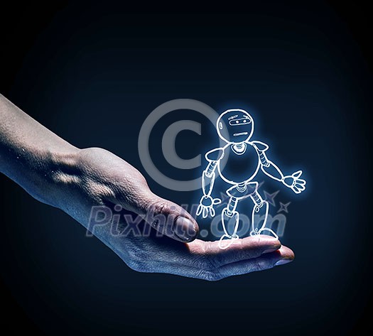 Human hand holding in palm robot sketched model Human hand holding in palm robot sketched model