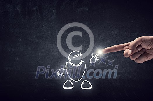 Human hand touching with finger robot sketched design Human hand touching with finger robot sketched design