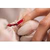 Woman hands receiving a manicure in beauty salon. Nail filing. Close up, selective focus.