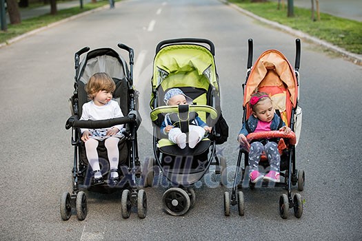 beautiful babies sitting in a stroller in the park beautiful babies sitting in a stroller in the park
