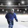 ice hockey player in action kicking with stick in front of big modern hockey arena with lights and flares