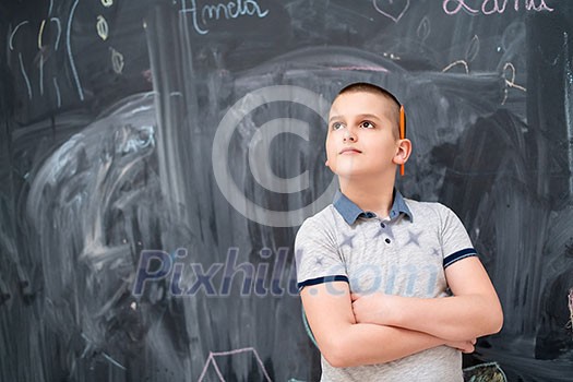 portrait of happy boy with orange wooden pen behind the ear standing in front of black chalkboard portrait of happy boy with orange wooden pen behind the ear standing in front of black chalkboard