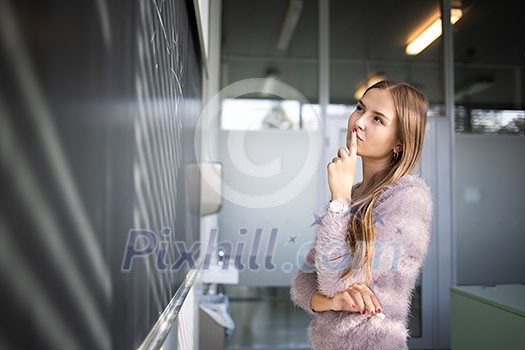 Pretty, young female student in front of a blackboard during math class Pretty, young female student in front of a blackboard during math class