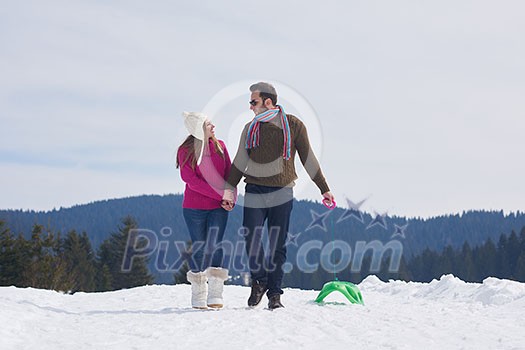 romantic winter scene, happy young couple having fun on fresh show on winter vacatio, mountain nature landscape romantic winter scene, happy young couple having fun on fresh show on winter vacatio, mountain nature landscape