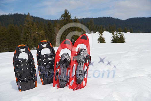 snowshoes in fresh show on beautiful winter sunny day snowshoes in fresh show on beautiful winter sunny day
