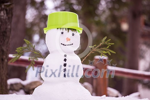 Happy smiling snowman with green hat and carrot nose standing in winter forest Happy smiling snowman with green hat and carrot nose standing in winter forest