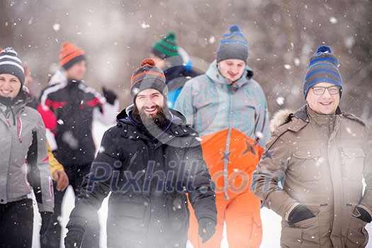 group of young business people walking through beautiful winter landscape with snowflakes around them during a team building in the mountain forest group of young business people walking through beautiful winter landscape with snowflakes around them during a team building in the mountain forest