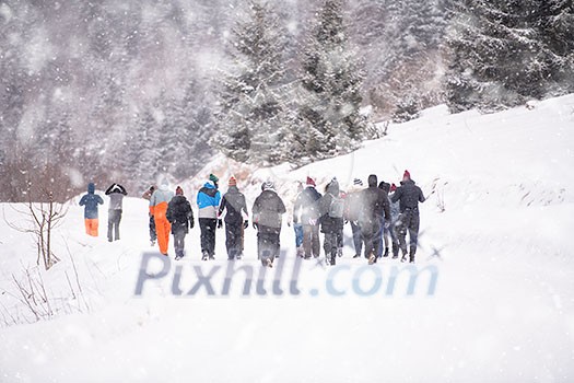 group of young business people walking through beautiful winter landscape with snowflakes around them during a team building in the mountain forest group of young business people walking through beautiful winter landscape with snowflakes around them during a team building in the mountain forest