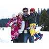 Winter playing, fun, snow and family portrait  sledding at winter time