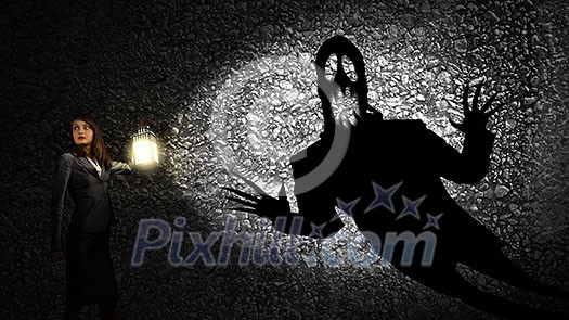 Young pretty businesswoman with lantern in darkness Young pretty businesswoman with lantern in darkness