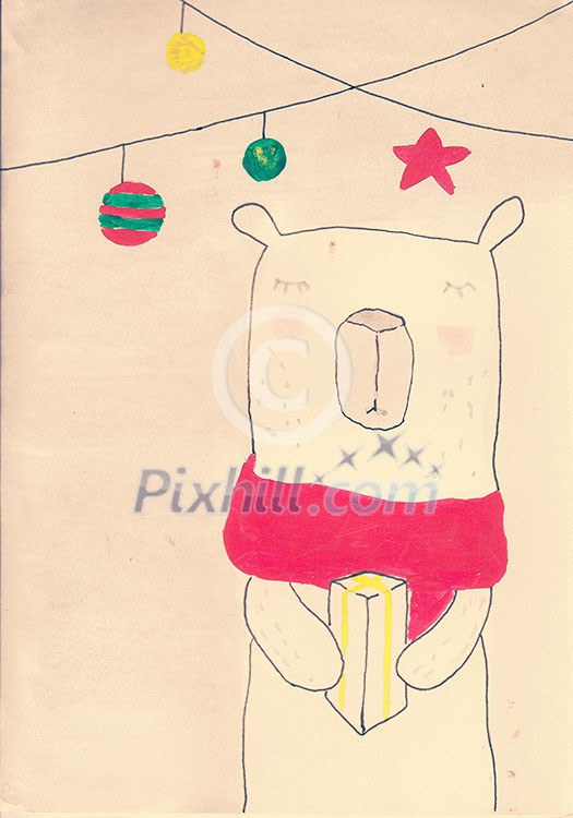 white polar bear with red scarf holding a gift hand painted drawn gift christmas post card white polar bear with red scarf holding a gift hand painted drawn gift christmas post card