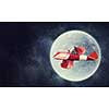 Santa Claus flying in airplane high in sky