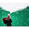 Thoughtful Santa woman with red gift bag on back