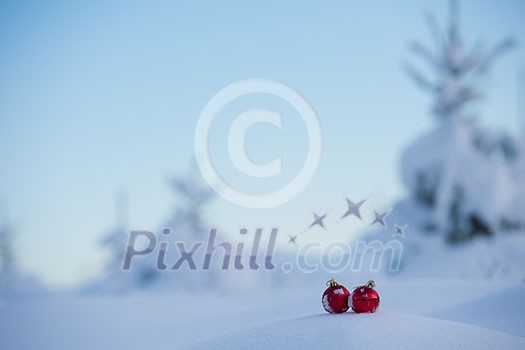 christmas red balls decoration in fresh snow background on beautiful sunny winter day christmas red balls decoration in fresh snow background on beautiful sunny winter day