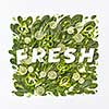 Healthy variety of green vegetables cabbage, spinach,flower petals, asparagus pieces pepper on a gray background with a paper inscription fresh on a gray background with copy space. Flat lay
