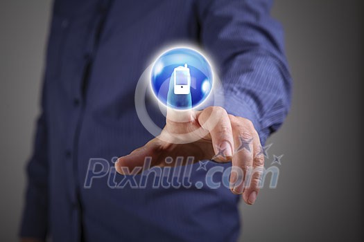 Close up of businessman touching icon on media screen Close up of businessman touching icon on media screen