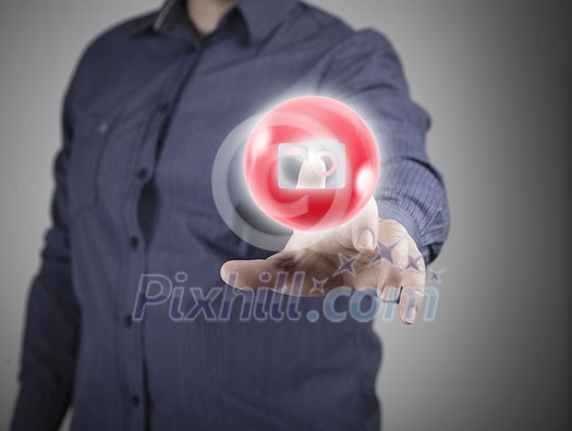 Close up of businessman touching icon on media screen Close up of businessman touching icon on media screen