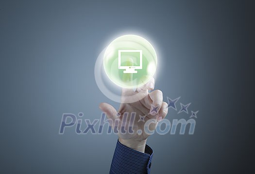 Close up of businessman touching icon on media screen Close up of businessman touching icon on media screen