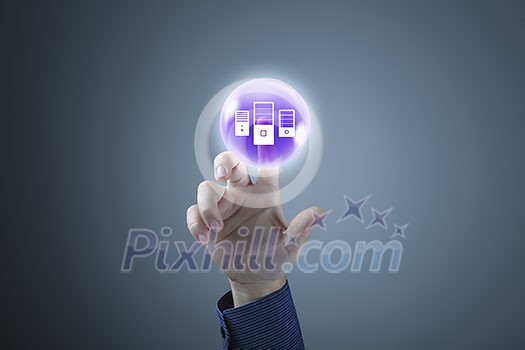 Close up of businessman touching icon on media screen Close up of businessman touching icon on media screen