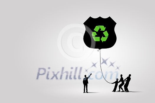Silhouettes of people pulling balloon with recycle sign Silhouettes of people pulling balloon with recycle sign