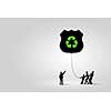 Silhouettes of people pulling balloon with recycle sign