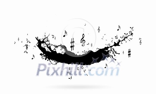 Conceptual image with black music signs on white backdrop Conceptual image with black music signs on white backdrop
