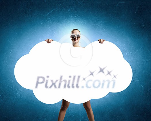 Young woman showing white blank cloud banner. Place for text Young woman showing white blank cloud banner. Place for text