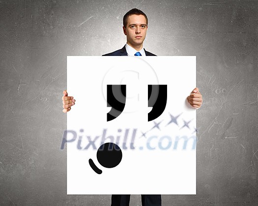 Businessman hold white board with sad face emoticon Businessman hold white board with sad face emoticon