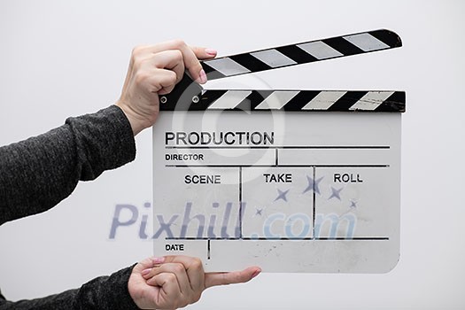 video production movie clapper cinema action and cut concept isolated on white background video production movie clapper cinema action and cut concept isolated on white background