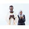 african muslim couple praying Allah by raising hands and making fatiha pray isolated on white background