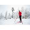 Cross-country skiing: young woman cross-country skiing on a winter day, taking a break to apreciate the snowy forest environment (color toned image)