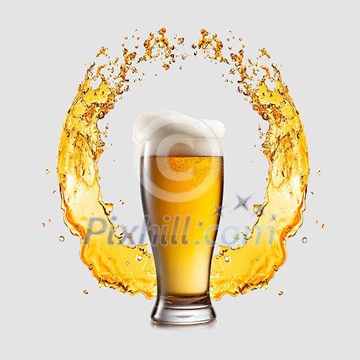Creative emblem from splashing beer and glass of light fresh beer on a light grey background with copy space. Octoberfest concept. Creative emblem from splashing beer and glass of light fresh beer on a light grey background with copy space. Octoberfest concept.