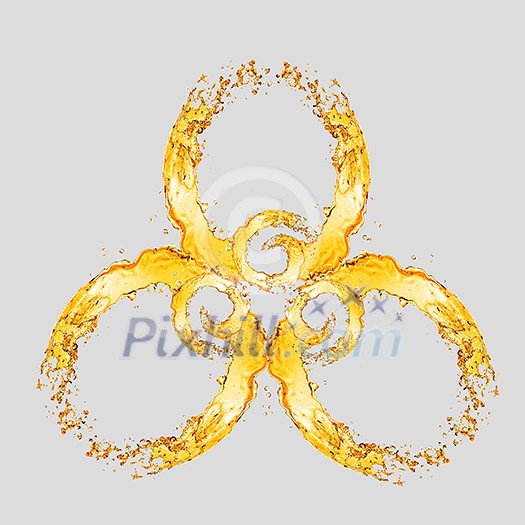 Sign of biological hazard from splashing light beer on a light grey background with copy space. Sign of biological hazard from splashing light beer on a light grey background with copy space.
