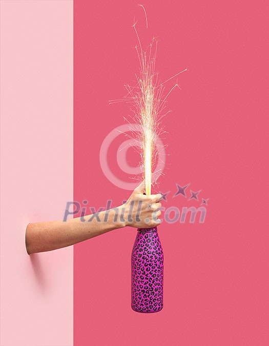 Woman's hand holds painted champagne bottle with holiday firecracker on a duotone pink background, copy spase. Christmas concept. Woman's hand holds painted champagne bottle with holiday firecracker on a duotone pink background, copy spase. Christmas concept.