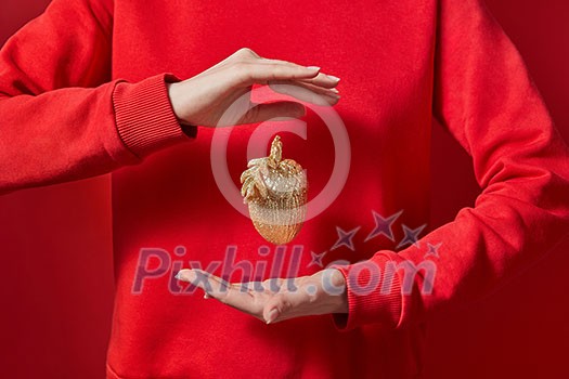 Woman in a red sweatshirt holds beautiful eco Christmas decor golden acorn in hr hands on the same color background with copy space. New Year greeting card. Woman in a red sweatshirt holds beautiful eco Christmas decor golden acorn in hr hands on the same color background with copy space. New Year greeting card.