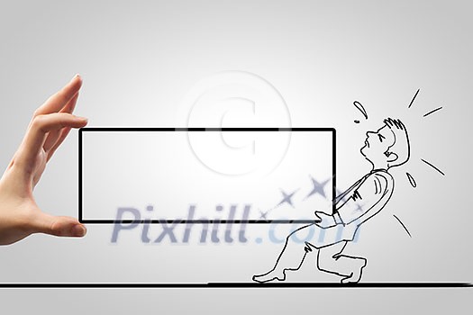 Caricature of overloaded man carrying box with effort Caricature of overloaded man carrying box with effort