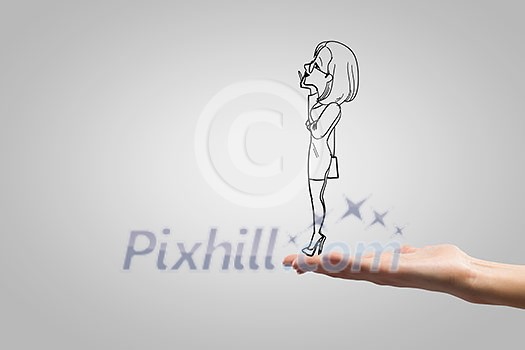 Caricature of businesswoman on white background looking thoughtfully away