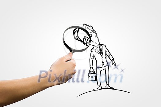 Human hand with magnifying glass and caricature of businessman Human hand with magnifying glass and caricature of businessman