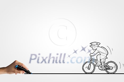 Caricature of man riding bike and human hand drawing line Caricature of man riding bike and human hand drawing line