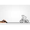 Caricature of man riding bike and human hand drawing line