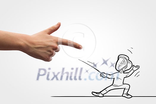 Funny caricature of man fencer fighting with human hand Funny caricature of man fencer fighting with human hand