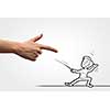 Funny caricature of man fencer fighting with human hand