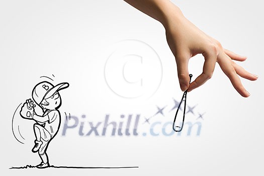 Close up of human hand and caricature of running baseball player Close up of human hand and caricature of running baseball player