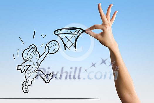 Funny caricature of basketball player putting ball in basket Funny caricature of basketball player putting ball in basket