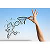 Funny caricature of basketball player putting ball in basket
