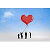 Little silhouettes of people pulling rope with balloon