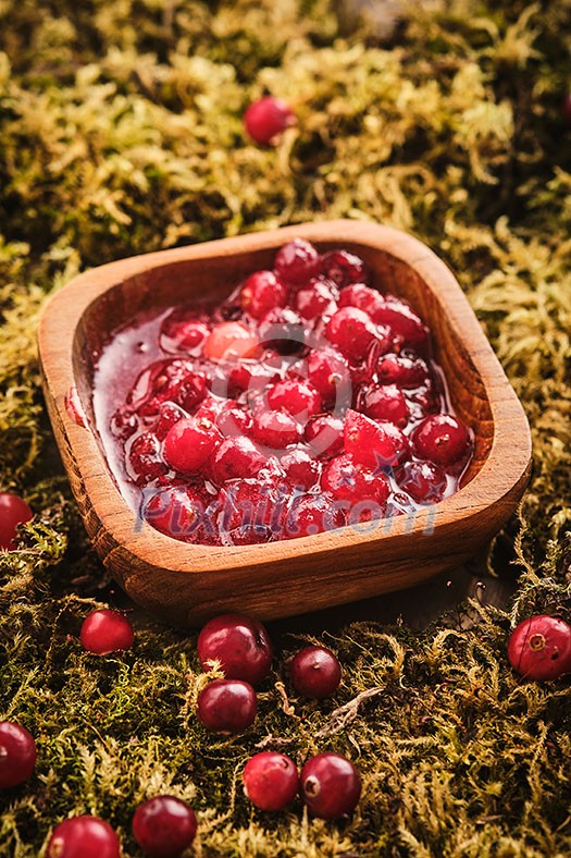 Cranberry jam in a wooden bowl on a background of forest moss Cranberry jam in a wooden bowl on a background of forest moss