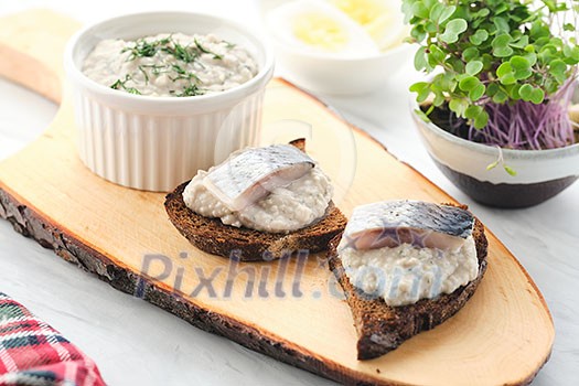 Forshmak - traditional Jewish cuisine. Sandwich with minced herring fillets with apple, onion and egg Forshmak - traditional Jewish cuisine. Sandwich with minced herring fillets with apple, onion and egg