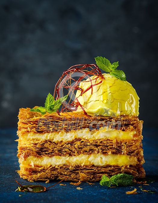 Dessert, cake with lemon ice cream. Dessert, cake with lemon ice cream.